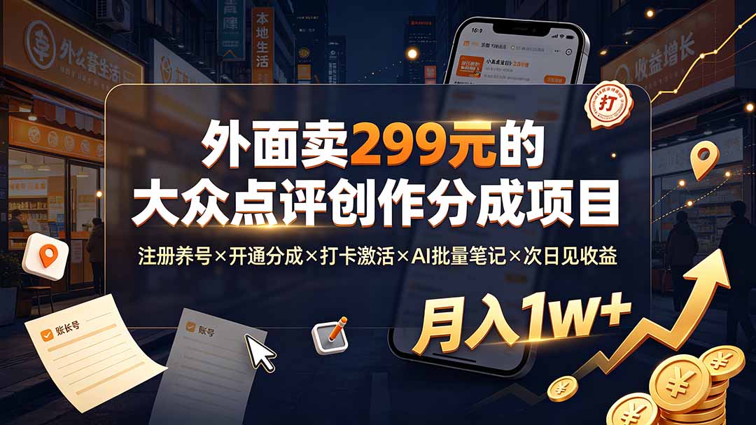 外面卖299元的大众点评创作分成项目：注册养号×开通分成×打卡激活×AI批量笔记×次日见收益，月入1w+-福创网