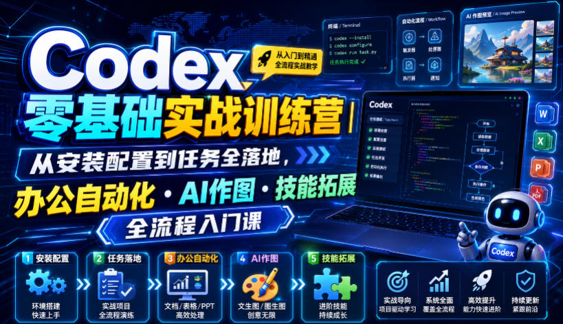 Codex零基础实战训练营｜从安装配置到任务全落地，办公自动化・AI作图・技能拓展全流程入门课-福创网