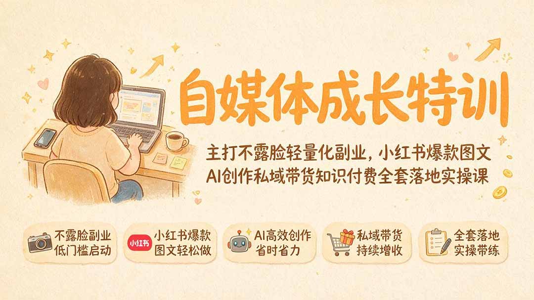 自媒体成长特训｜主打不露脸轻量化副业，小红书爆款图文AI创作私域带货知识付费全套落地实操课-福创网