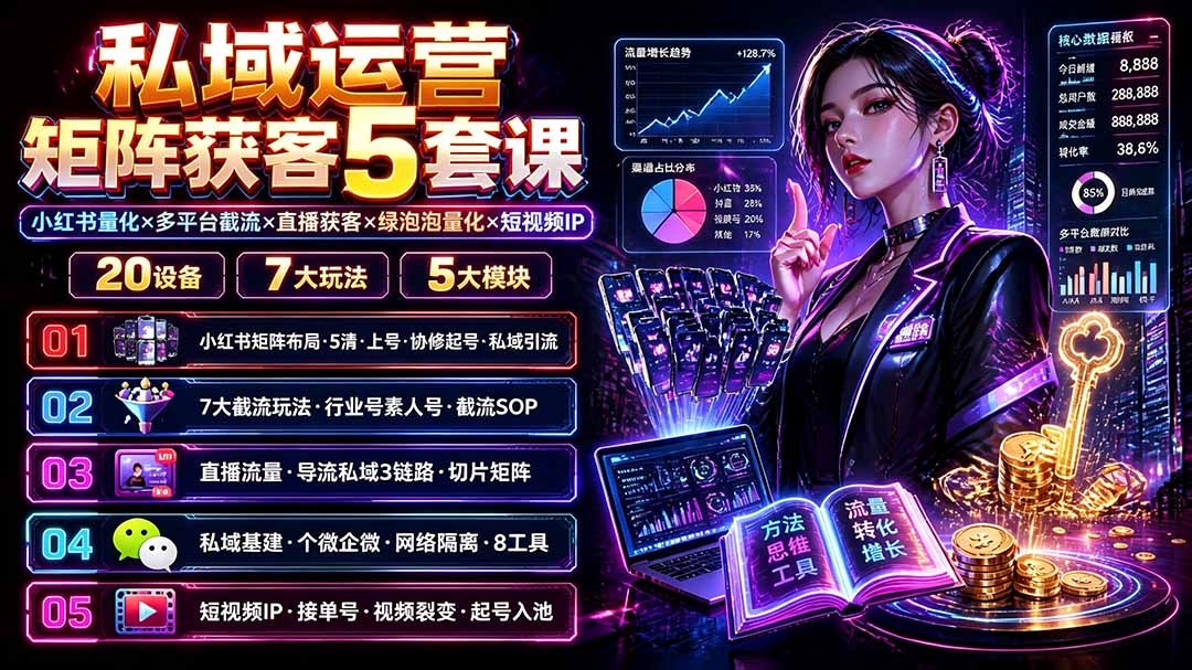 私域运营矩阵获客5套课：小红书量化×多平台截流×直播获客×绿泡泡量化×短视频IP×20设备×7大玩法-福创网