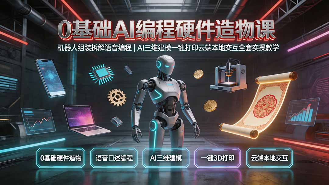 0基础AI编程硬件造物课｜机器人组装拆解语音编程，AI三维建模一键打印云端本地交互全套实操教学-福创网