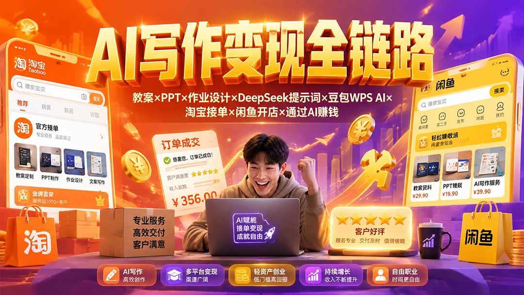 2026AI写作变现全链路：教案×PPT×作业设计×DeepSeek提示词×豆包WPS AI×淘宝接单×闲鱼开店×通过AI賺钱-福创网