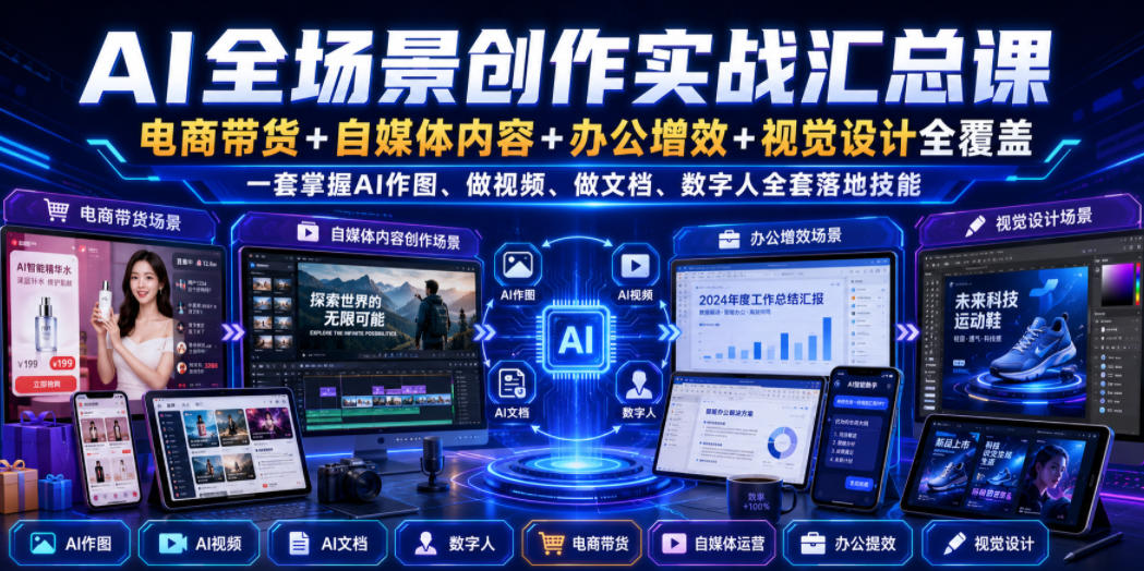 AI全场景创作实战汇总课｜电商带货+自媒体内容+办公增效+视觉设计全覆盖，一套掌握AI作图、做视频、做文档、数字人全套落地技能-福创网