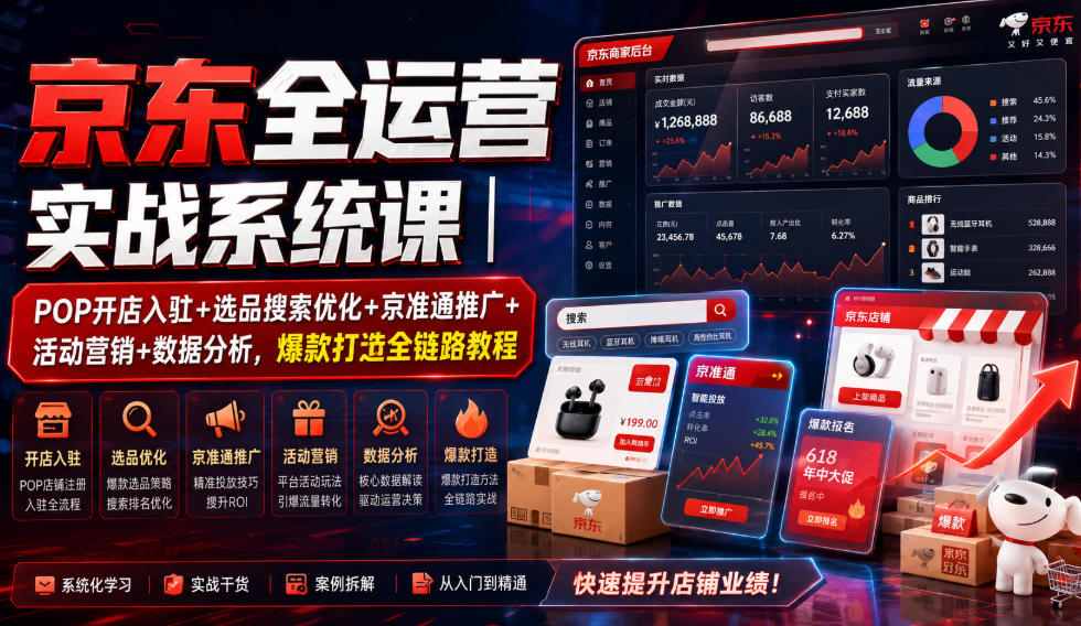 京东全运营实战系统课|POP开店入驻+选品搜索优化+京准通推广+活动营销+数据分析,爆款打造全链路教程-福创网