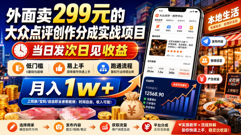 外面卖299元的大众点评创作分成实战项目，当日发次日见收益，低门槛易上手，跑通流程月入1w+-福创网