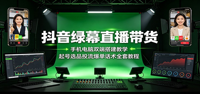 抖音绿幕直播带货：手机电脑双端搭建教学，起号选品投流爆单话术全套教程-福创网