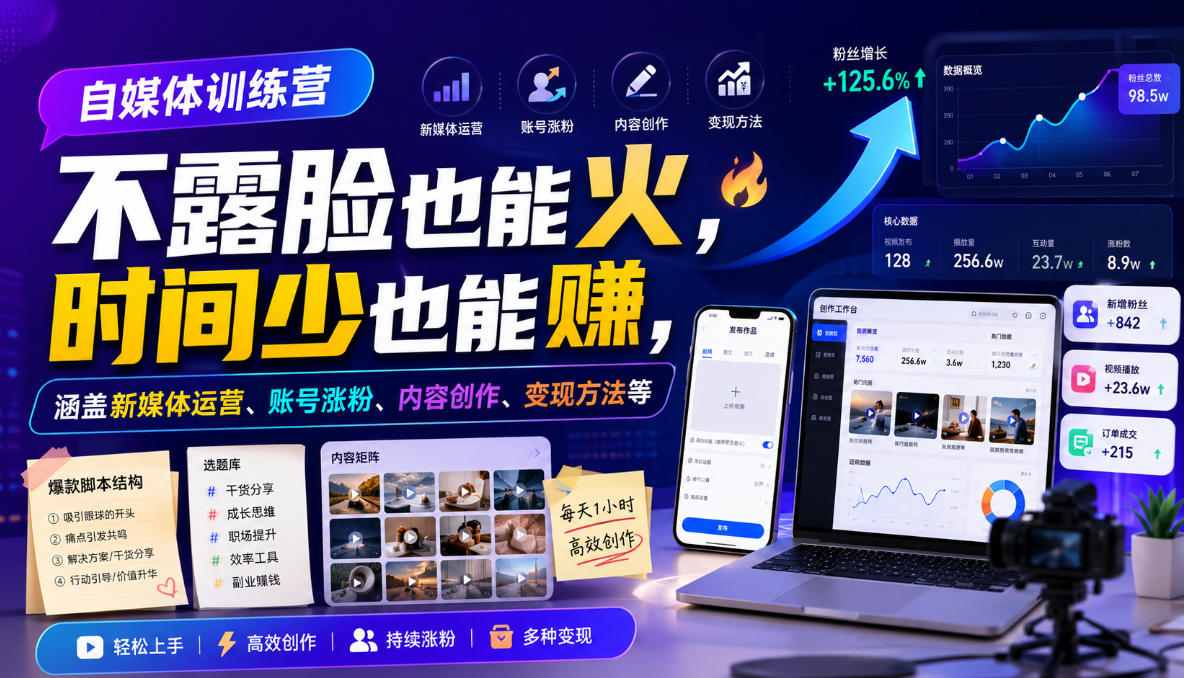 自媒体训练营，不露脸也能火，时间少也能賺，涵盖新媒体运营、账号涨粉、内容创作、变现方法等-福创网
