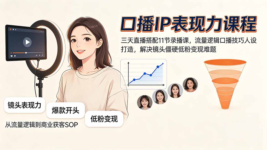 口播IP表现力课程｜三天直播搭配11节录播课，流量逻辑口播技巧人设打造，解决镜头僵硬低粉变现难题-福创网