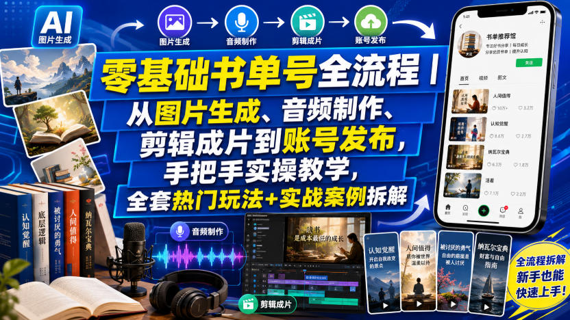 零基础书单号全流程｜从图片生成、音频制作、剪辑成片到账号发布，手把手实操教学，全套热门玩法+实战案例拆解-福创网