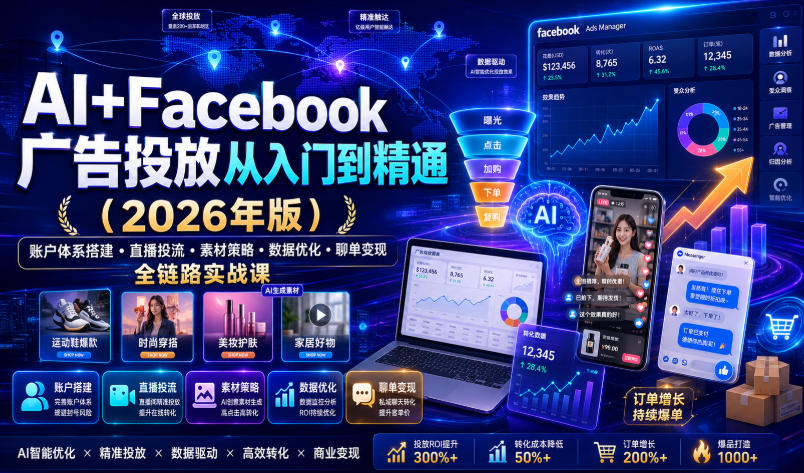 AI+Facebook广告投放从入门到精通(2026年版)｜账户体系搭建・直播投流・素材策略・数据优化・聊单变现全链路实战课-福创网