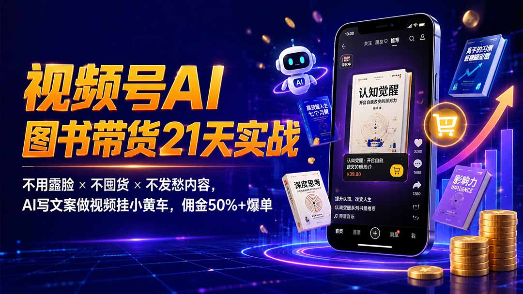 繁花视频号AI图书带货21天实战：不用露脸×不囤货×不发愁内容，AI写文案做视频挂小黄车，佣金50%+爆单-福创网
