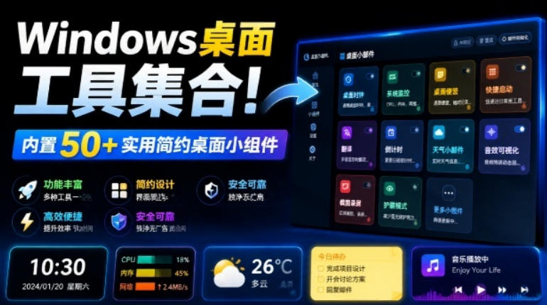 Windows桌面工具集合！内置50+实用简约桌面小组件，含截图、录屏、翻译、天气等，多秘工具箱-福创网