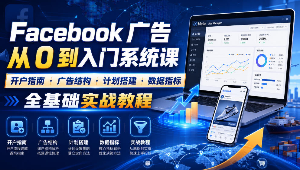 Facebook广告新手从0到入门系统课｜开户指南・广告结构・计划搭建・数据指标全基础实战教程-福创网