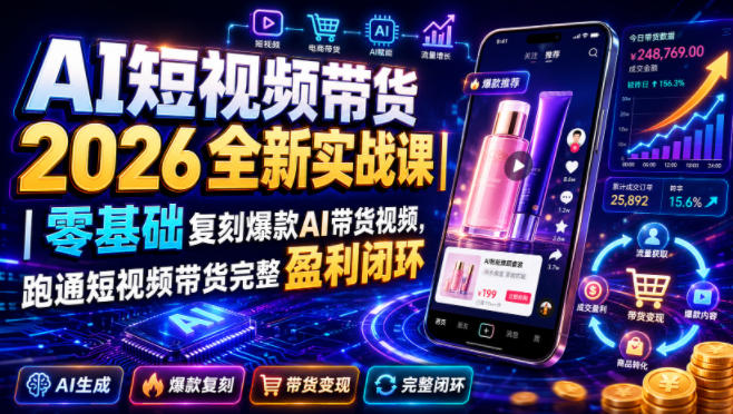 AI短视频带货2026全新实战课｜零基础复刻爆款AI带货视频，跑通短视频带货完整盈利闭环-福创网
