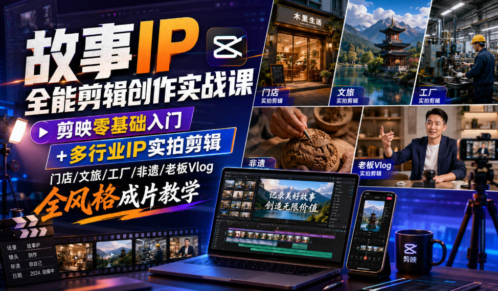 故事IP全能剪辑创作实战课｜剪映零基础入门+多行业IP实拍剪辑，门店/文旅/工厂/非遗/老板Vlog全风格成片教学-福创网