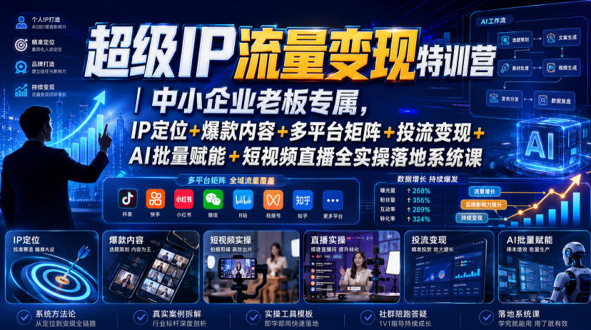 超级IP流量变现特训营｜中小企业老板专属，IP定位+爆款内容+多平台矩阵+投流变现+AI批量赋能+短视频直播全实操落地系统课-福创网