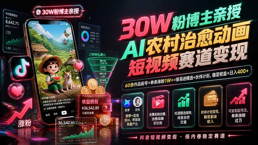 30W粉博主亲授AI农村治愈动画短视频赛道变现:60条作品起号×单条涨粉1W+×极易进精选+伙伴计划,稳定收益×日入400+-福创网