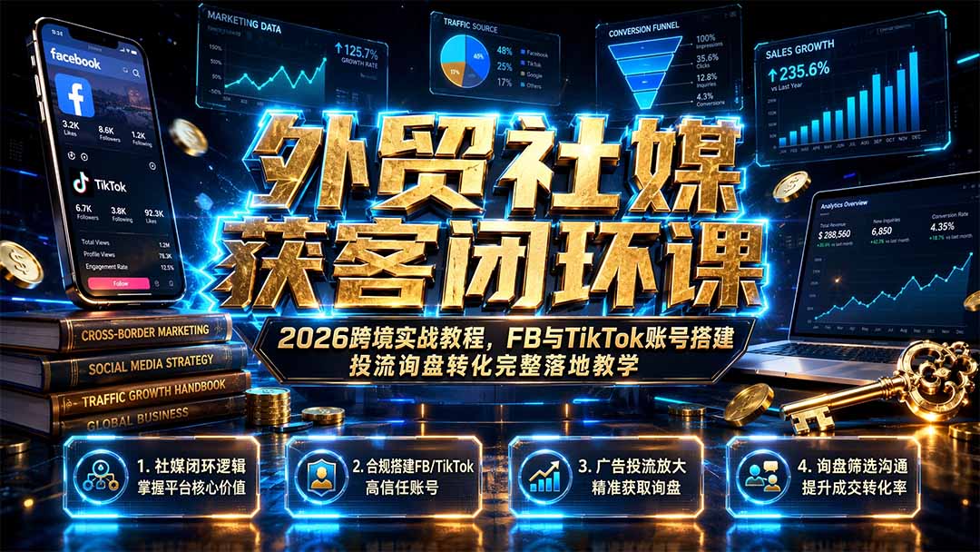 外贸社媒获客闭环课｜2026跨境实战教程，FB与TikTok账号搭建投流询盘转化完整落地教学-福创网