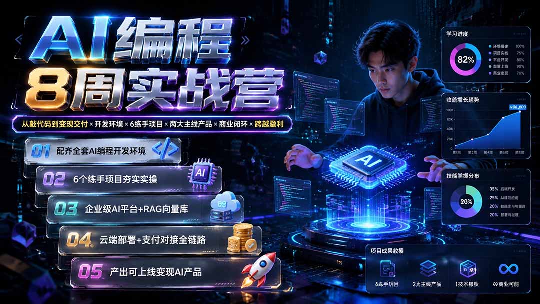 AI编程8周实战营：从敲代码到变现交付×开发环境×6练手项目×两大主线产品×商业闭环×跨越盈利-福创网