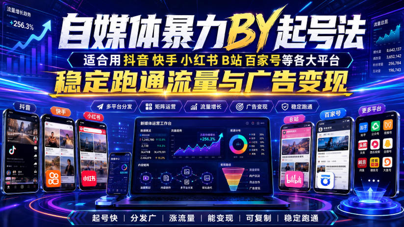 自媒体暴力搬运起号法，适合用抖音快手小红书B站百家号等各大平台，稳定跑通流量与广告变现-福创网