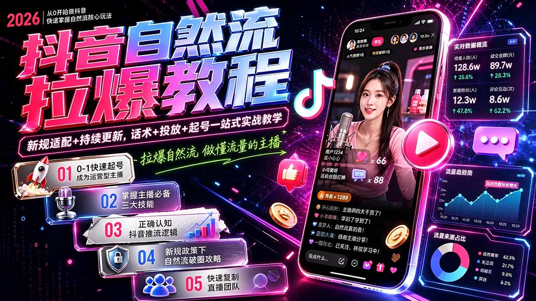 抖音自然流拉爆教程-更新7月：做懂流量的主播，新规适配+持续更新，话术+投放+起号一站式实战教学-福创网