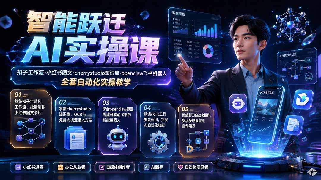 智能跃迁 AI实操课｜扣子工作流小红书图文搭建，cherrystudio知识库openclaw飞书机器人全套自动化实操教学-福创网