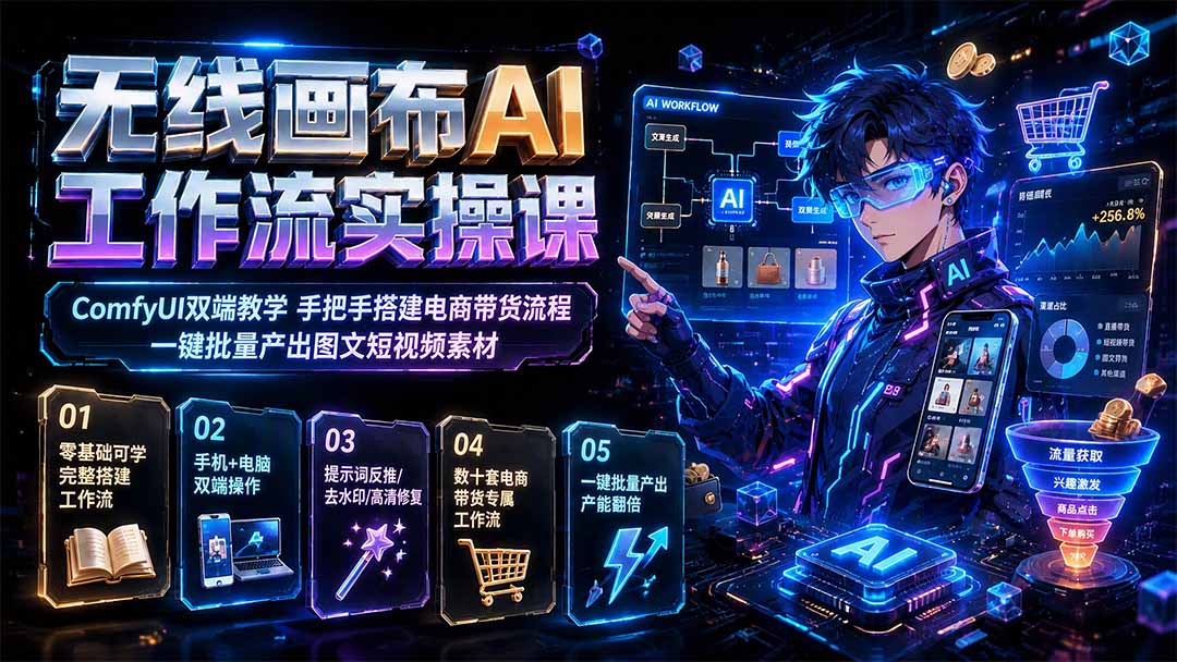 无线画布AI工作流实操课｜ComfyUI双端教学，手把手搭建电商带货流程，一键批量产出图文短视频素材-福创网