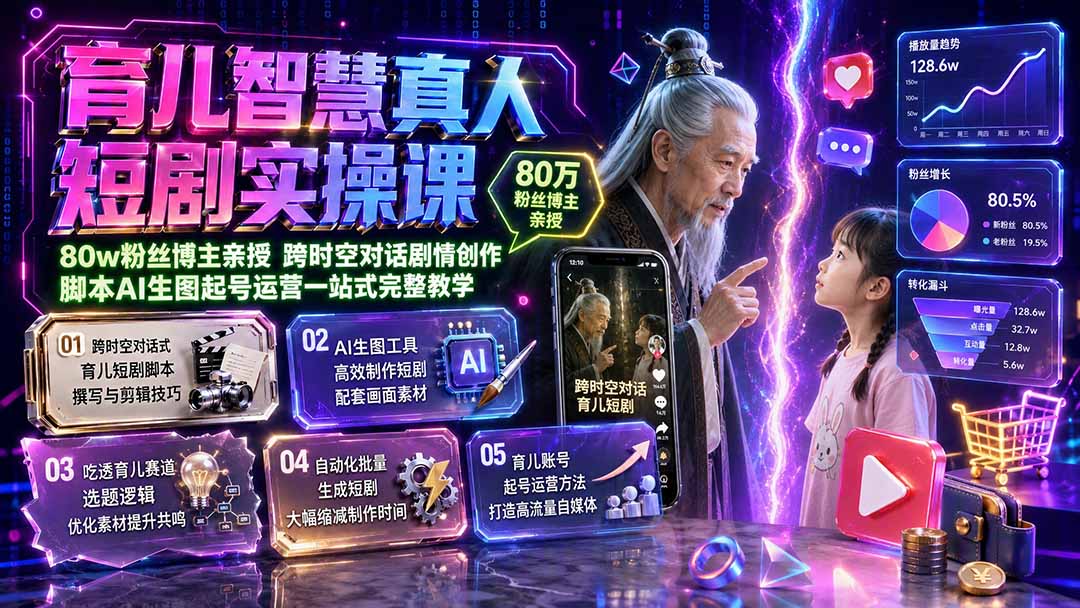 育儿智慧真人短剧实操课｜80w粉丝博主亲授，跨时空对话剧情创作，脚本AI生图起号运营一站式完整教学-福创网