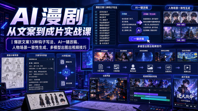 AI漫剧从文案到成片实战课｜爆款文案13种钩子写法、AI一键改稿、人物场景一致性生成、多模型出图出视频技巧-福创网