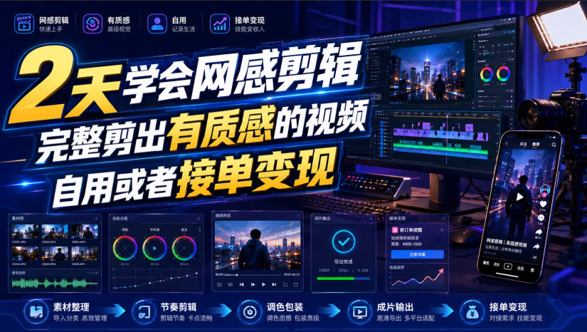 2天学会网感剪辑，完整剪出有质感的视频，自用或者接单变现-福创网