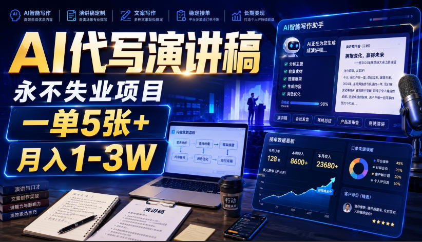 AI代写演讲稿，永不失业项目，一单5张+，月入1-3W【揭秘】-福创网