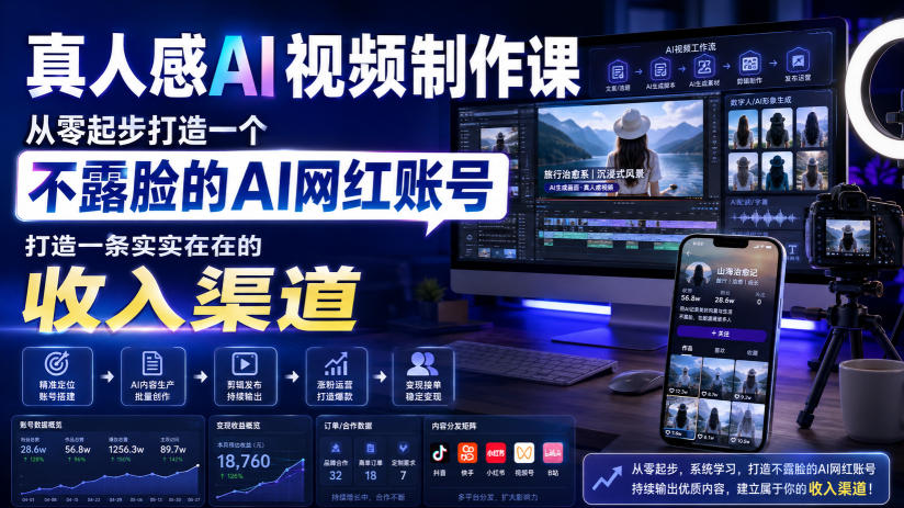 真人感AI视频制作课，从零起步打造一个不露脸的AI网红账号，打造一条实实在在的收入渠道【原创双语字幕】-福创网