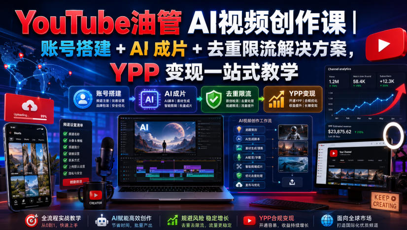 YouTube油管AI视频创作课｜账号搭建+AI成片+去重限流解决方案，YPP变现一站式教学-福创网