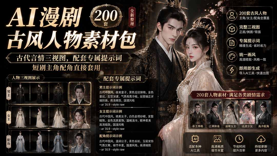 AI漫剧古风人物素材包+提示词｜200 套古代言情三视图，配套专属提示词短剧主角配角直接套用-福创网