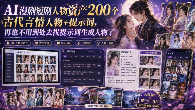 AI漫剧短剧人物资产200个古代言情人物+提示词，再也不用到处去找提示词生成人物了-福创网