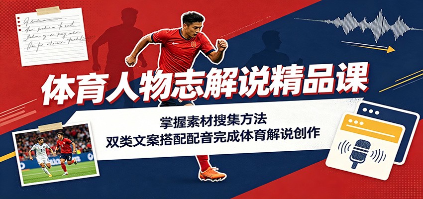 体育人物志解说精品课:掌握素材搜集方法,双类文案搭配配音完成体育解说创作-福创网