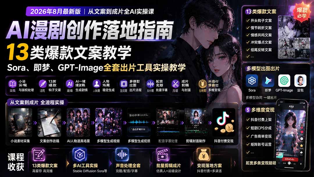 AI漫剧创作落地指南｜13类爆款文案教学，Sora、即梦、GPT-Image全套出片工具实操教学-福创网