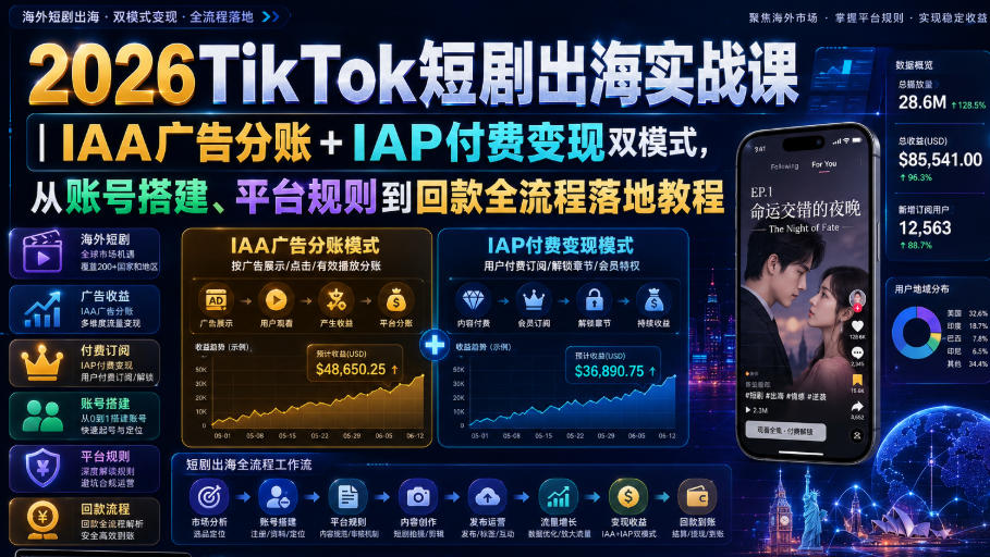 2026TikTok短剧出海实战课｜IAA广告分账+IAP付费变现双模式，从账号搭建、平台规则到回款全流程落地教程-福创网