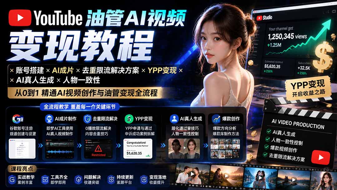 YouTube油管AI视频变现教程:账号搭建×AI成片×去重限流解决方案×YPP变现×AI真人生成×人物一致性-福创网
