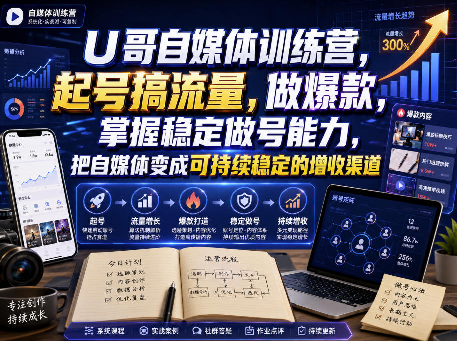 U哥自媒体训练营，起号搞流量，做爆款，掌握稳定做号能力，把自媒体变成可持续稳定的增收渠道 - 福创网