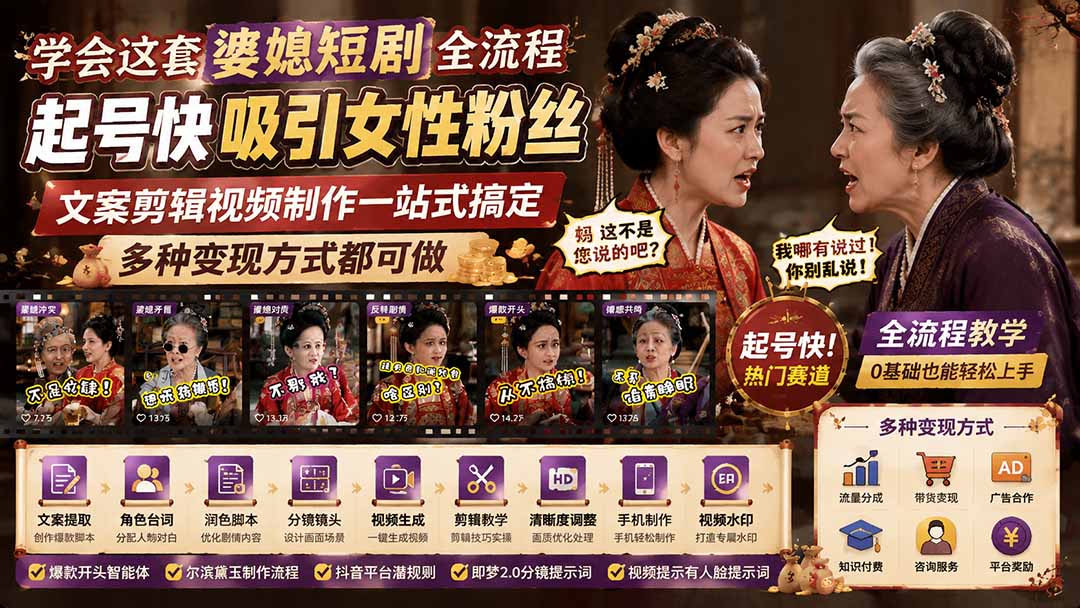 学会这套婆媳短剧全流程：起号快吸引女性粉丝，文案剪辑视频制作一站式搞定，多种变现方式都可做 - 福创网