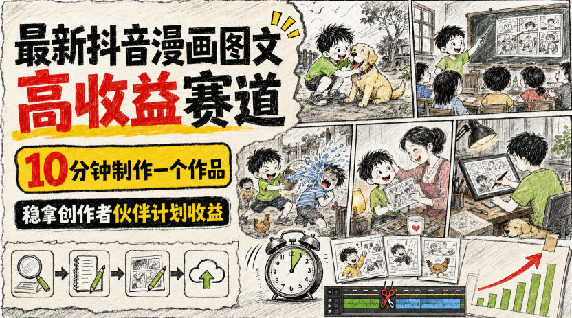 最新抖音漫画图文高收益赛道，10分钟制作一个作品，稳拿创作者伙伴计划收益 - 福创网