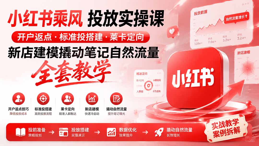 小红书乘风投放-100分钟实操课｜开户返点·标准投搭建·莱卡定向，新店建模撬动笔记自然流量全套教学 - 福创网
