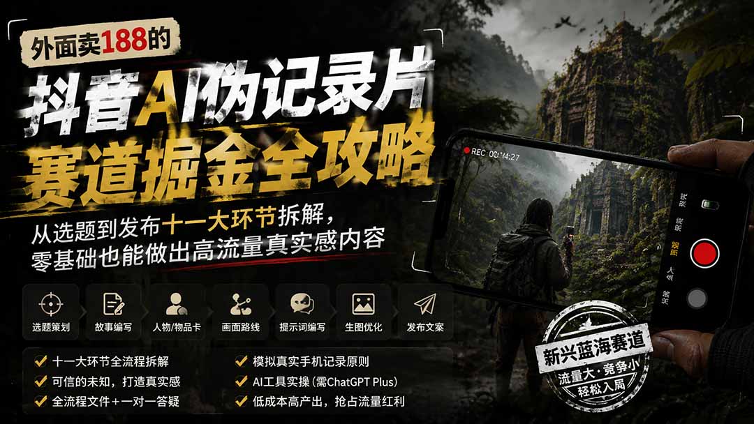 外面卖188的抖音AI伪记录片赛道掘金全攻略；从选题到发布十一大环节拆解，零基础也能做出高流量真实感内容 - 福创网
