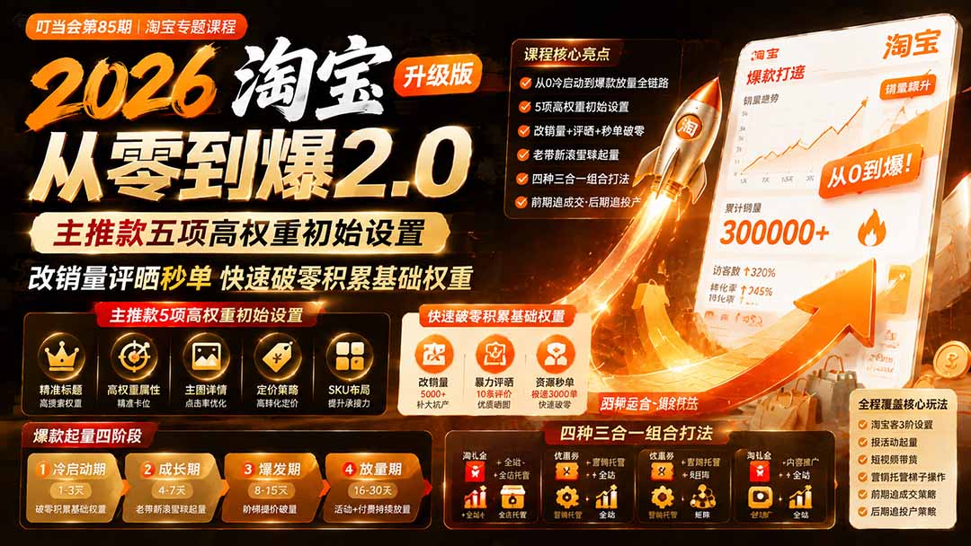 2026淘宝从零到爆2.0第85期；主推款五项高权重初始设置，改销量评晒秒单快速破零积累基础权重 - 福创网