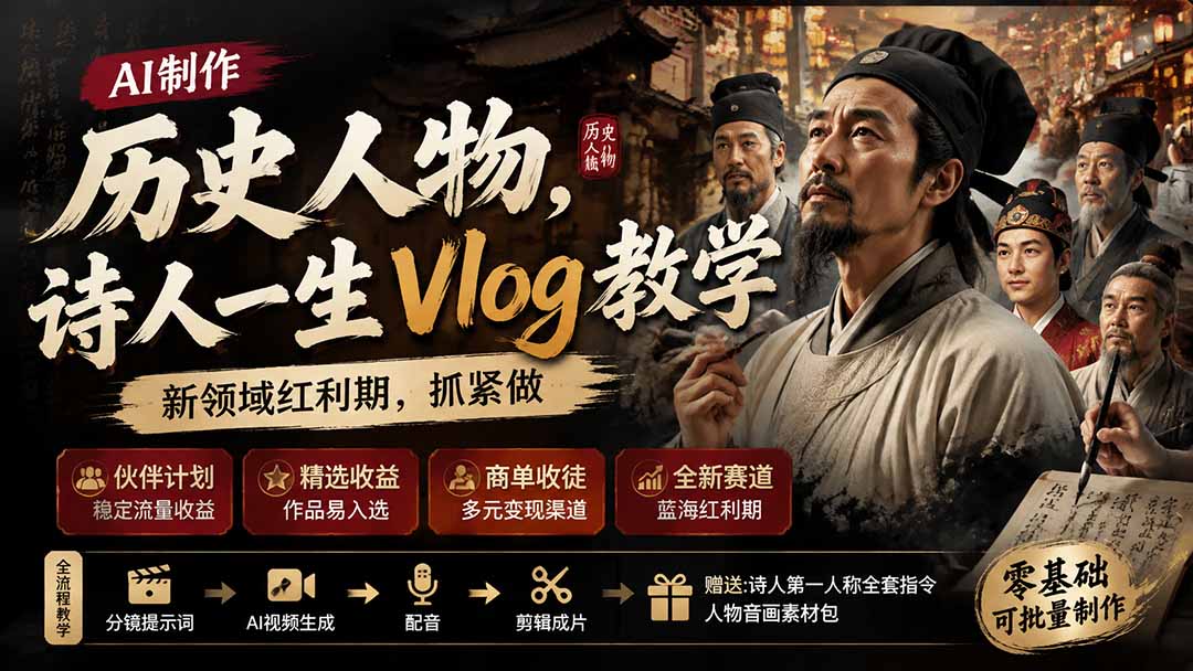 历史人物，诗人一生Vlog教学， AI制作丨伙伴计划丨精选收益丨商单收徒 ，新领域红利期，抓紧做 - 福创网
