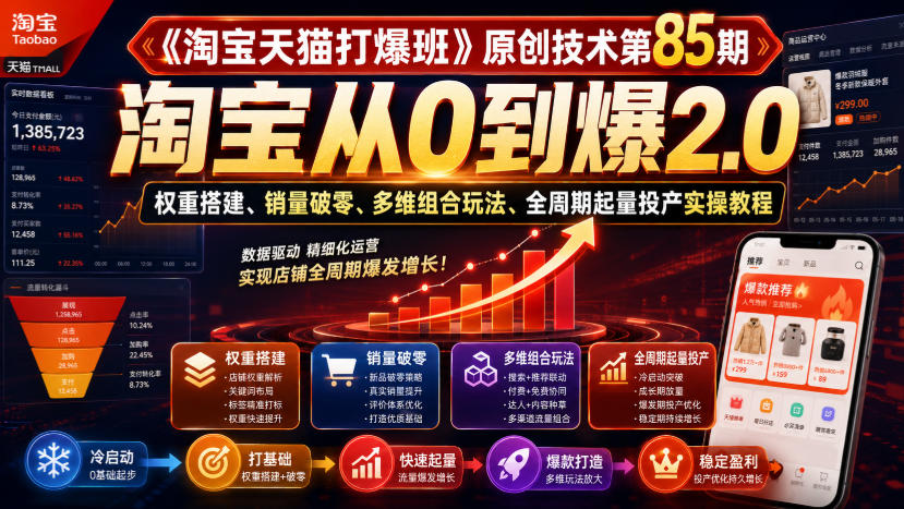 《淘宝天猫打爆班》原创技术第85期，淘宝从0到爆2.0，权重搭建、销量破零、多维组合玩法、全周期起量投产实操教程 - 福创网