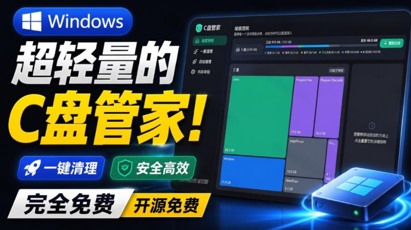 Windows超轻量的C盘管家！超级有特点，支持磁盘分析及清理提醒，2M大小体积，完全免费C盘管家 - 福创网