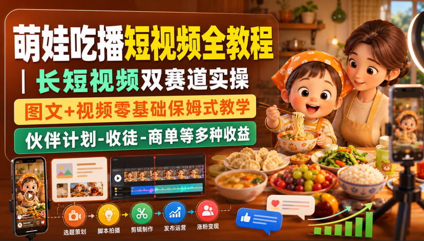 萌娃吃播短视频全教程｜长短视频双赛道实操，图文+视频零基础保姆式教学，伙伴计划-收徒-商单等多种变现方式 - 福创网