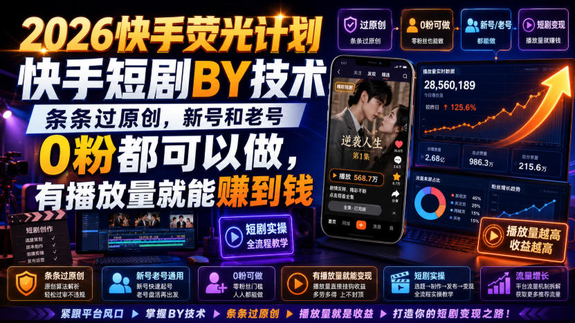2026快手荧光计划，快手短剧搬运技术，条条过原创，新号和老号0粉都可以做，有播放量就能賺到钱 - 福创网